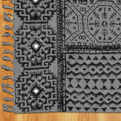 Thread Work Bordered Black Gray Living Area Cotton Dhurries - Indian Rug Store