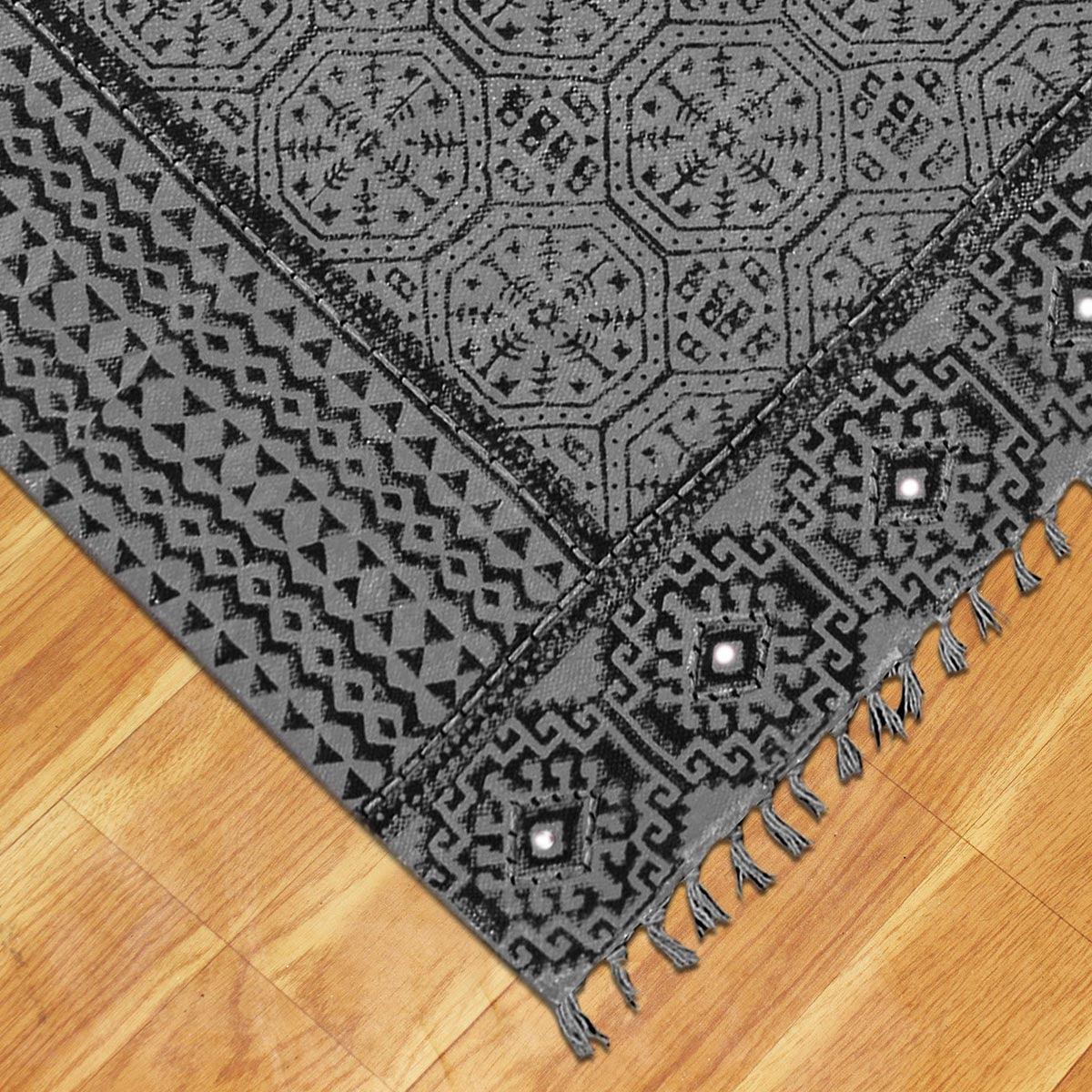 Thread Work Bordered Black Gray Living Area Cotton Dhurries - Indian Rug Store