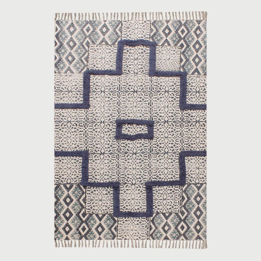 Hand Tufted Blue Geometric Hallway Cotton Dhurries - Indian Rug Store