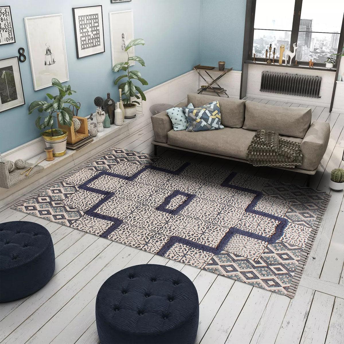 Hand Tufted Blue Geometric Hallway Cotton Dhurries - Indian Rug Store