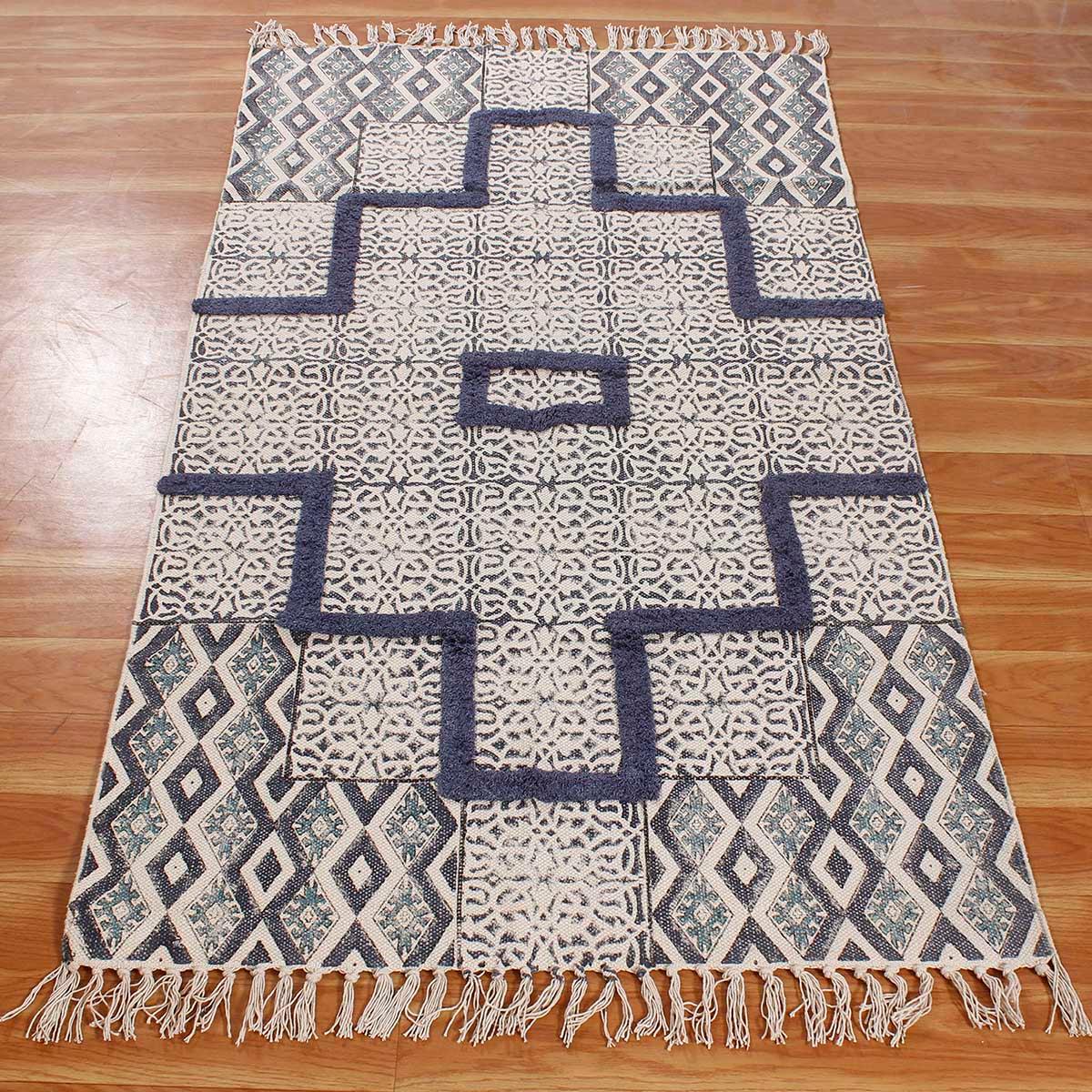 Hand Tufted Blue Geometric Hallway Cotton Dhurries - Indian Rug Store