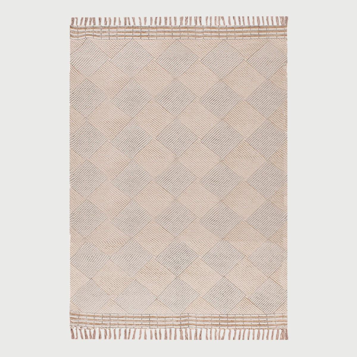 Hand Block Print Check Beige Gray Cotton Dhurries - Indian Rug Store