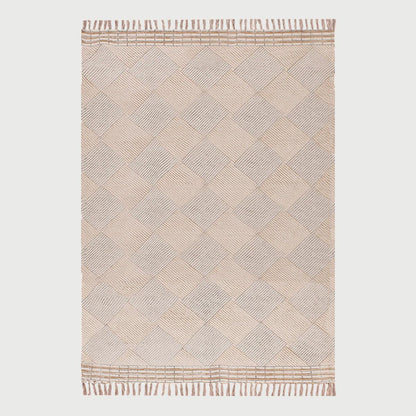 Hand Block Print Check Beige Gray Cotton Dhurries - Indian Rug Store