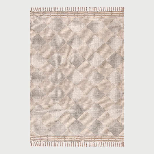 Hand Block Print Check Beige Gray Cotton Dhurries - Indian Rug Store