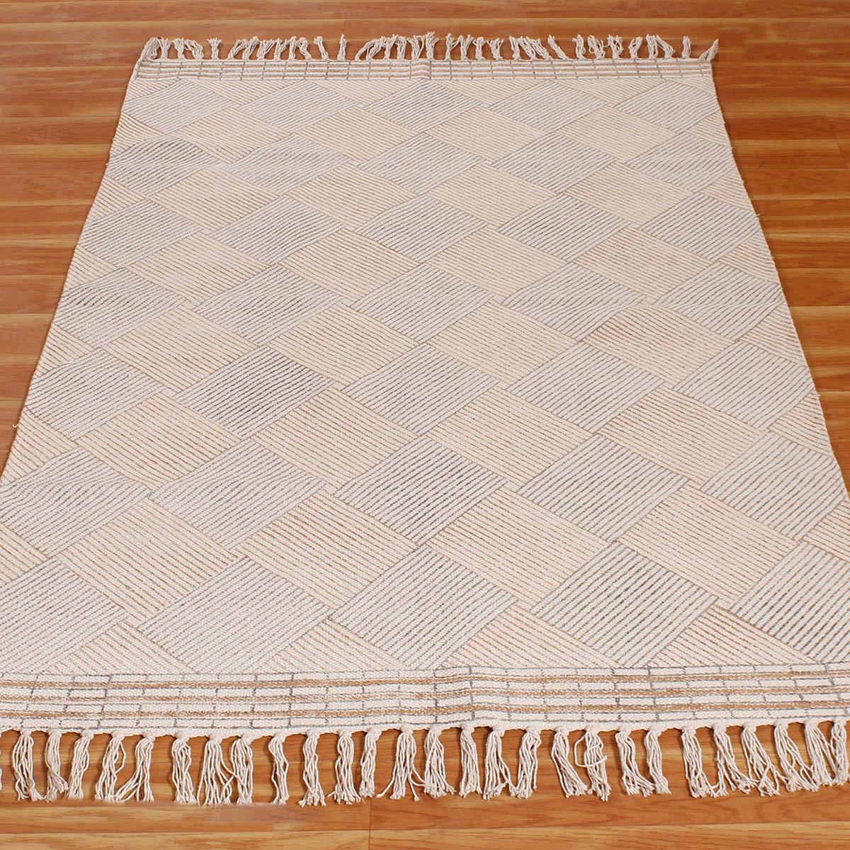 Hand Block Print Check Beige Gray Cotton Dhurries - Indian Rug Store