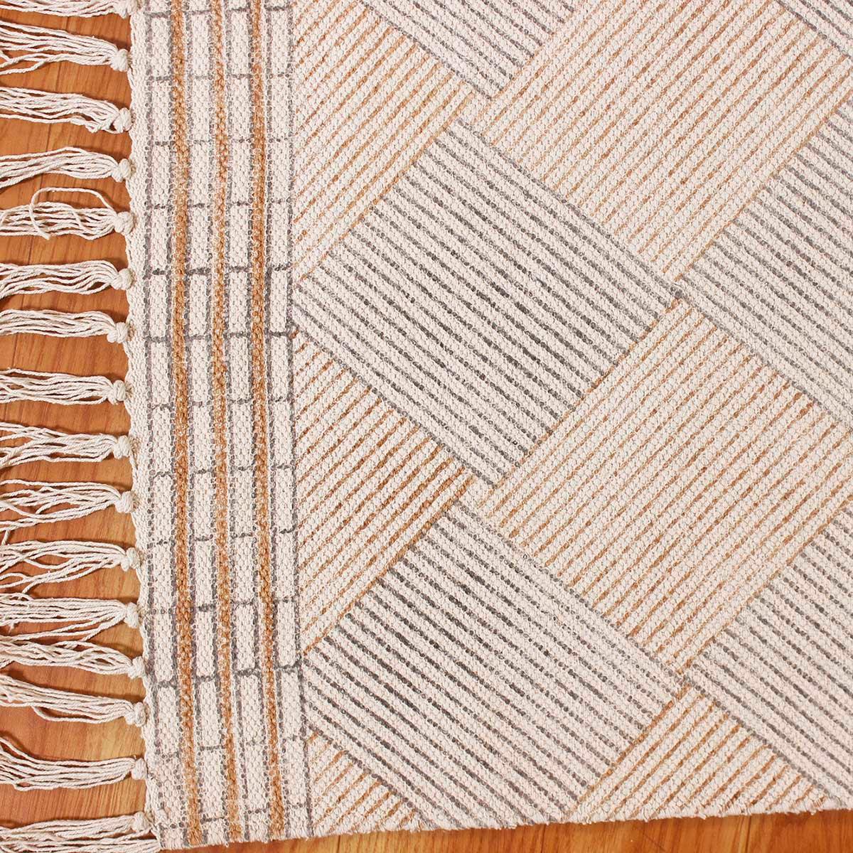 Hand Block Print Check Beige Gray Cotton Dhurries - Indian Rug Store