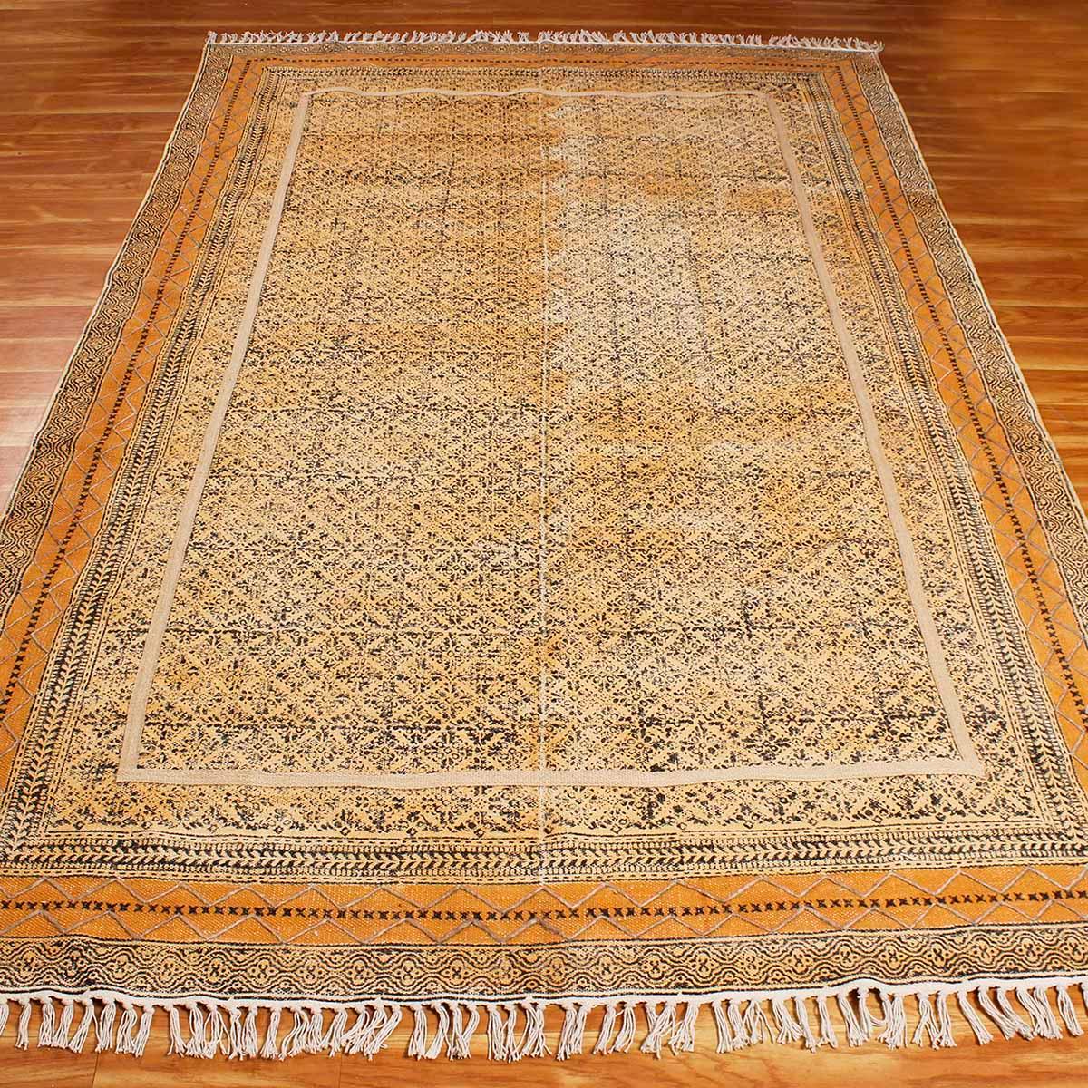 Thread Work Oriental Bronze Yellow Cotton Rug - Indian Rug Store