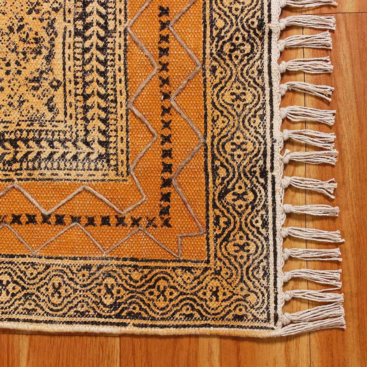 Thread Work Oriental Bronze Yellow Cotton Rug - Indian Rug Store