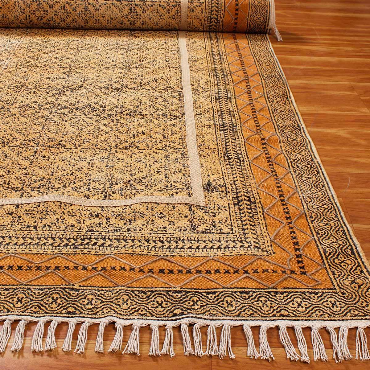 Thread Work Oriental Bronze Yellow Cotton Rug - Indian Rug Store