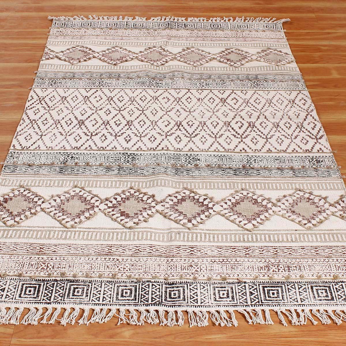 Embellishment Work Moroccan Brown Beige Cotton Rug - Indian Rug Store