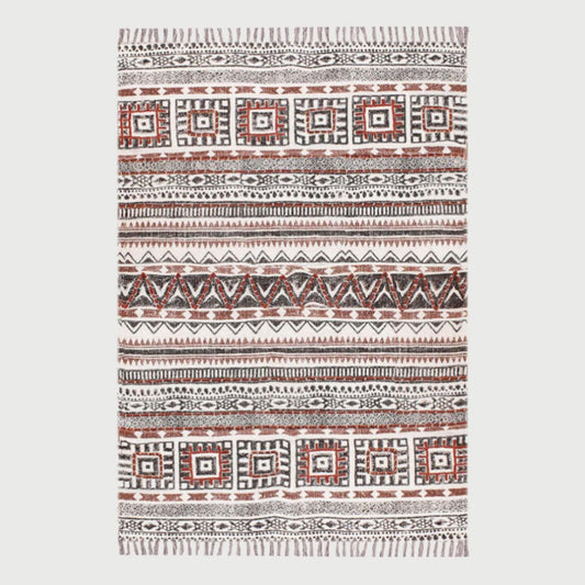 Thread Work Striped Black Brown Farmhouse Cotton Rug - Indian Rug Store