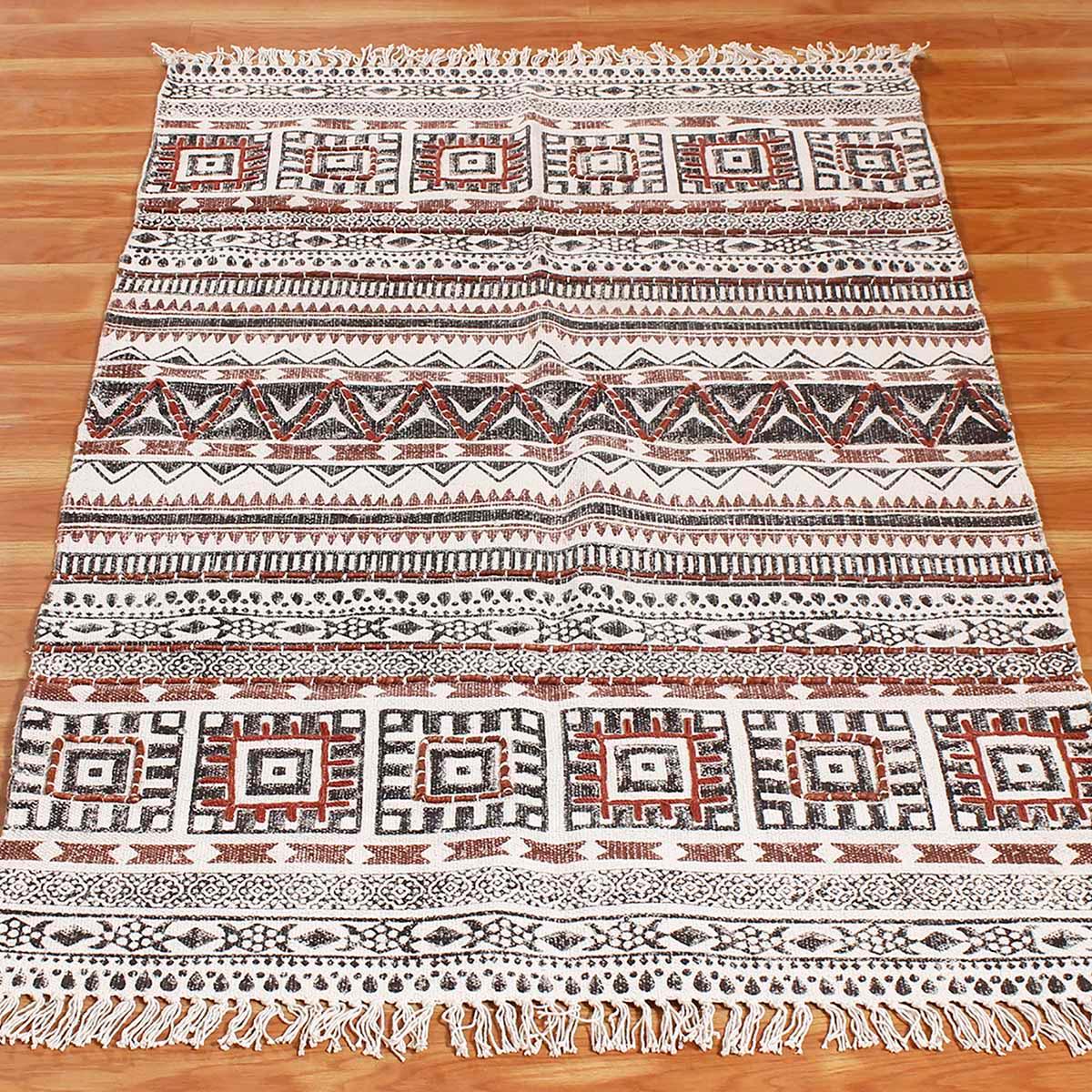 Thread Work Striped Black Brown Farmhouse Cotton Rug - Indian Rug Store