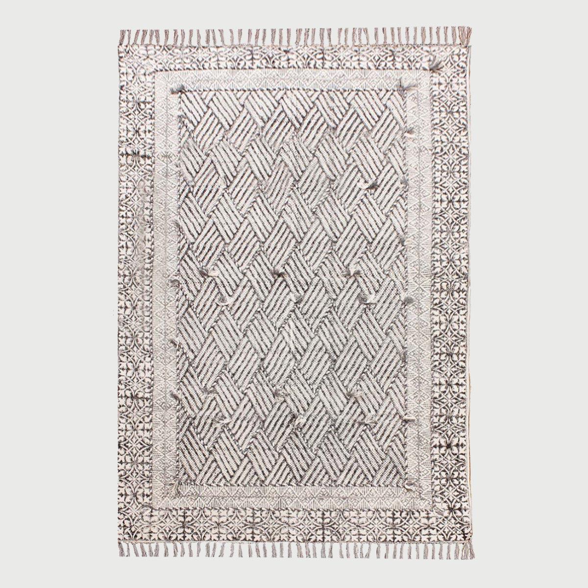 Thread Work Bordered Black Gray Farmhouse Cotton Rug - Indian Rug Store