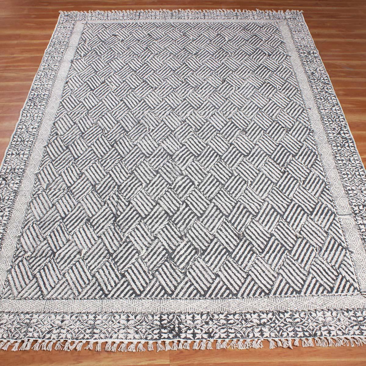 Thread Work Bordered Black Gray Farmhouse Cotton Rug - Indian Rug Store