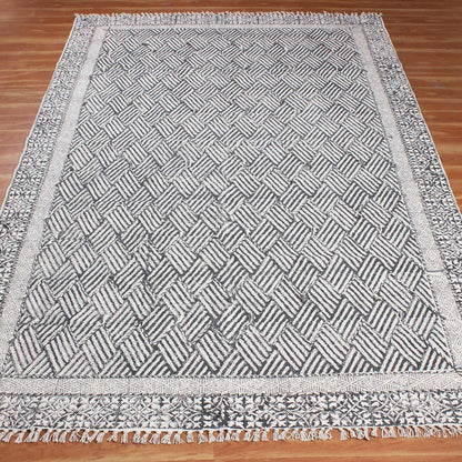 Thread Work Bordered Black Gray Farmhouse Cotton Rug - Indian Rug Store