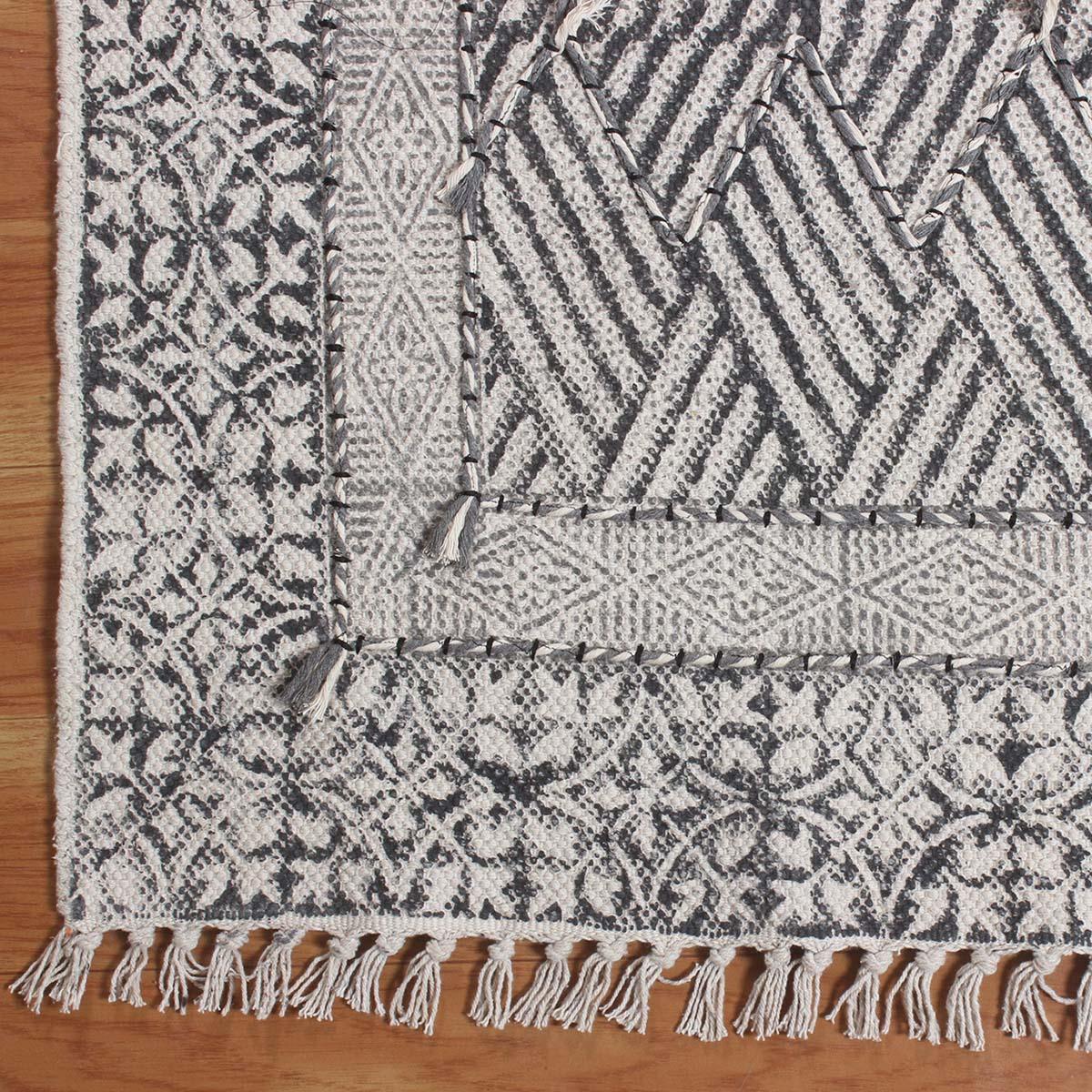 Thread Work Bordered Black Gray Farmhouse Cotton Rug - Indian Rug Store