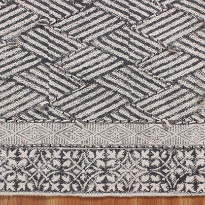 Thread Work Bordered Black Gray Farmhouse Cotton Rug - Indian Rug Store