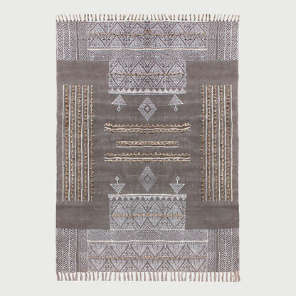 Embellishment Work Black Gray Geometric Cotton Rug - Indian Rug Store