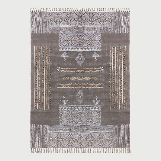 Embellishment Work Black Gray Geometric Cotton Rug - Indian Rug Store