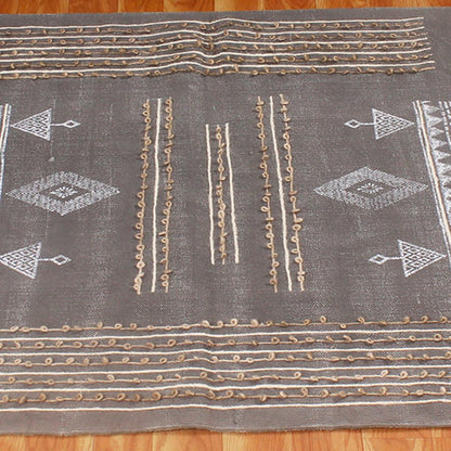 Embellishment Work Black Gray Geometric Cotton Rug - Indian Rug Store