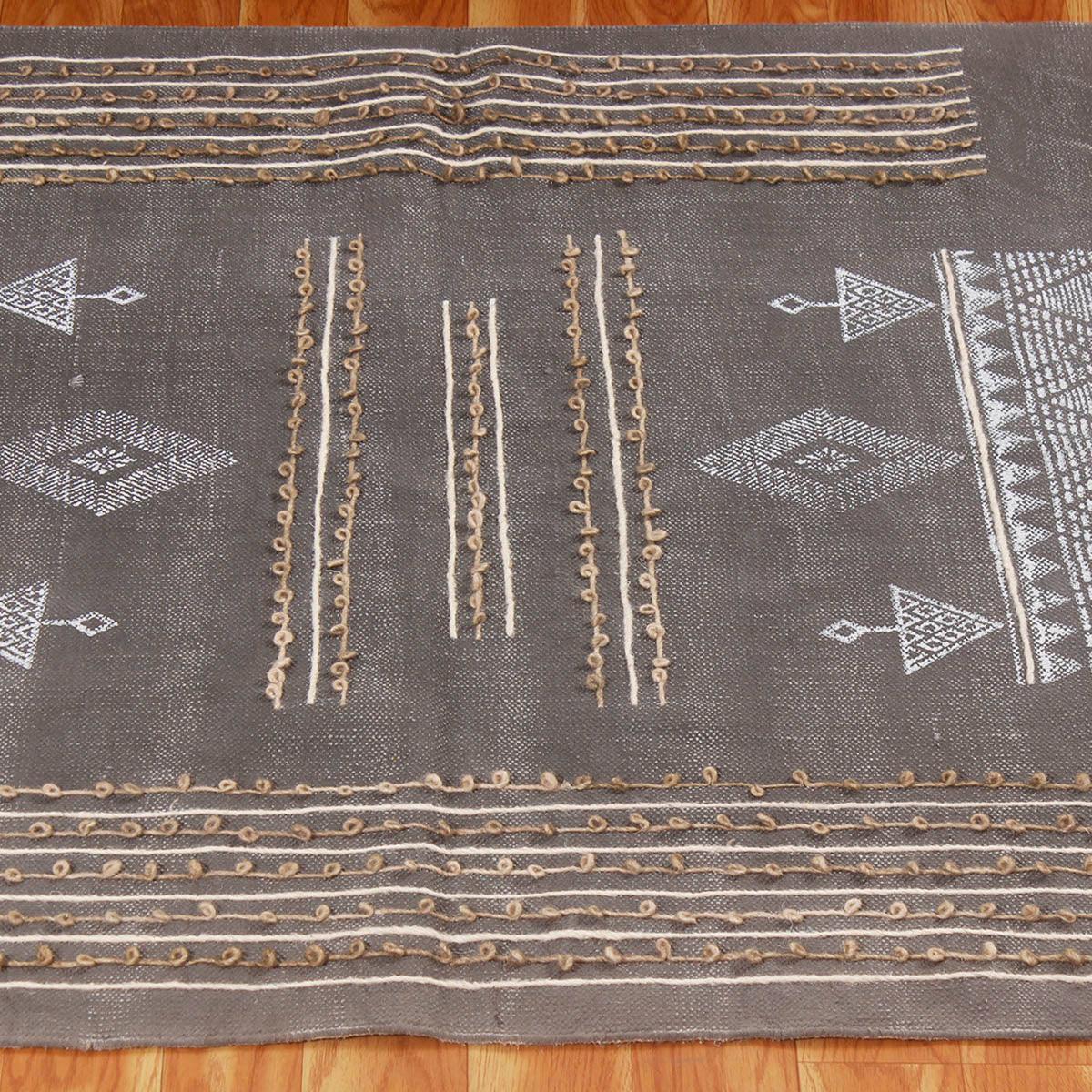 Embellishment Work Black Gray Geometric Cotton Rug - Indian Rug Store