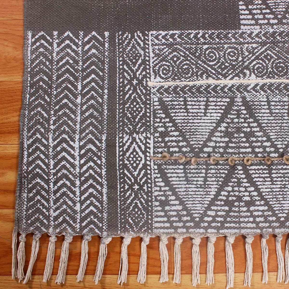 Embellishment Work Black Gray Geometric Cotton Rug - Indian Rug Store