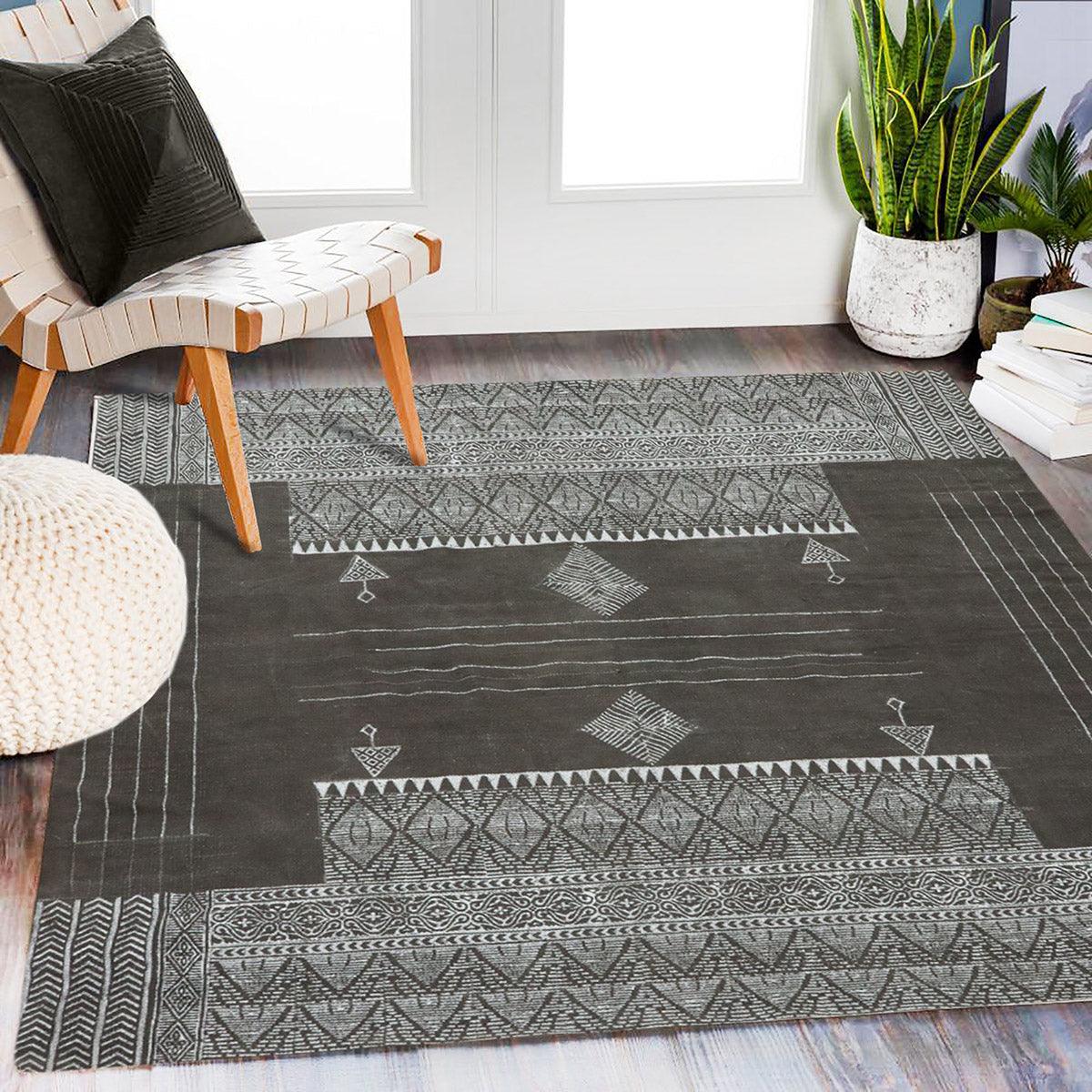 Hand Block Print Work Geometric Gray Black Cotton Rug - Indian Rug Store