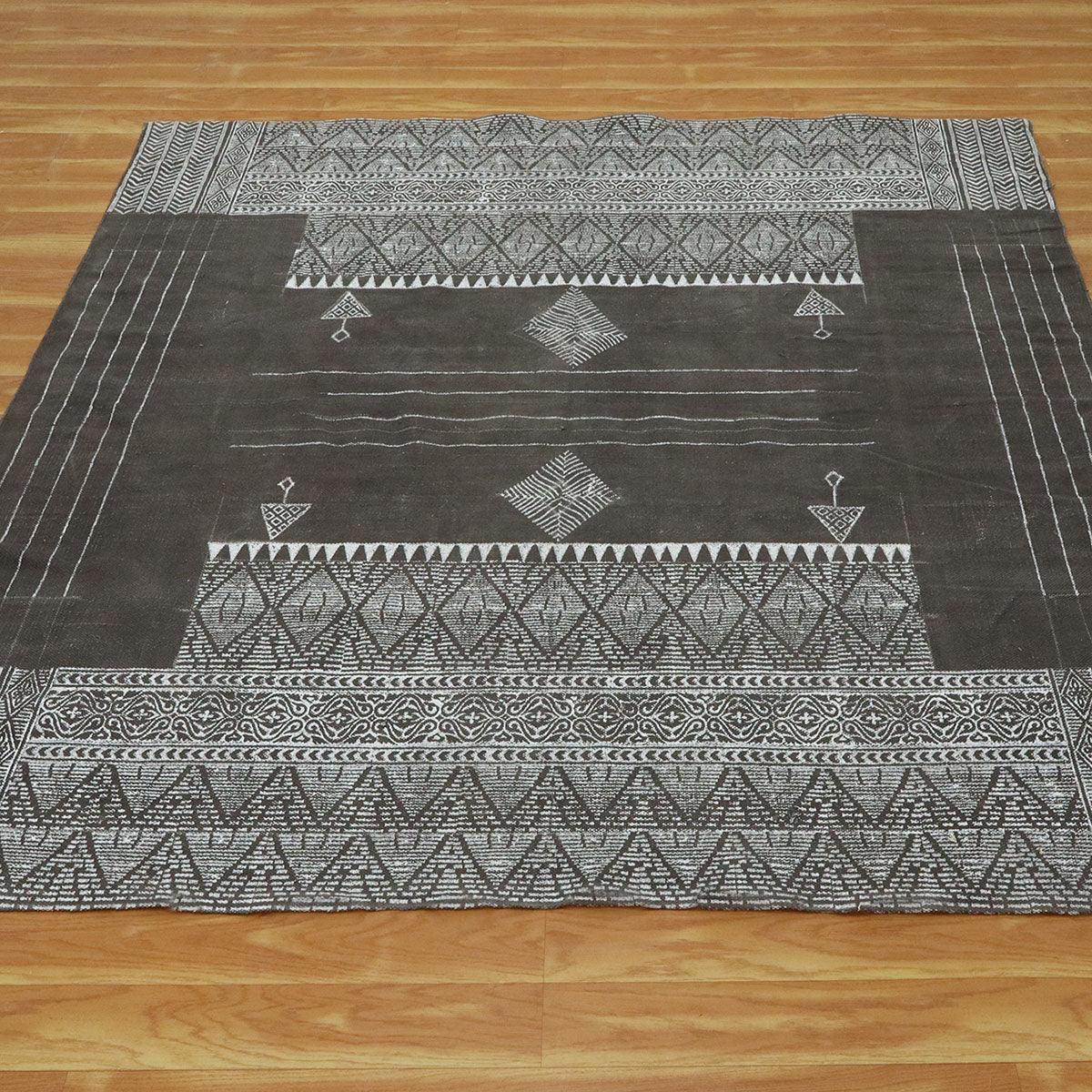 Hand Block Print Work Geometric Gray Black Cotton Rug - Indian Rug Store