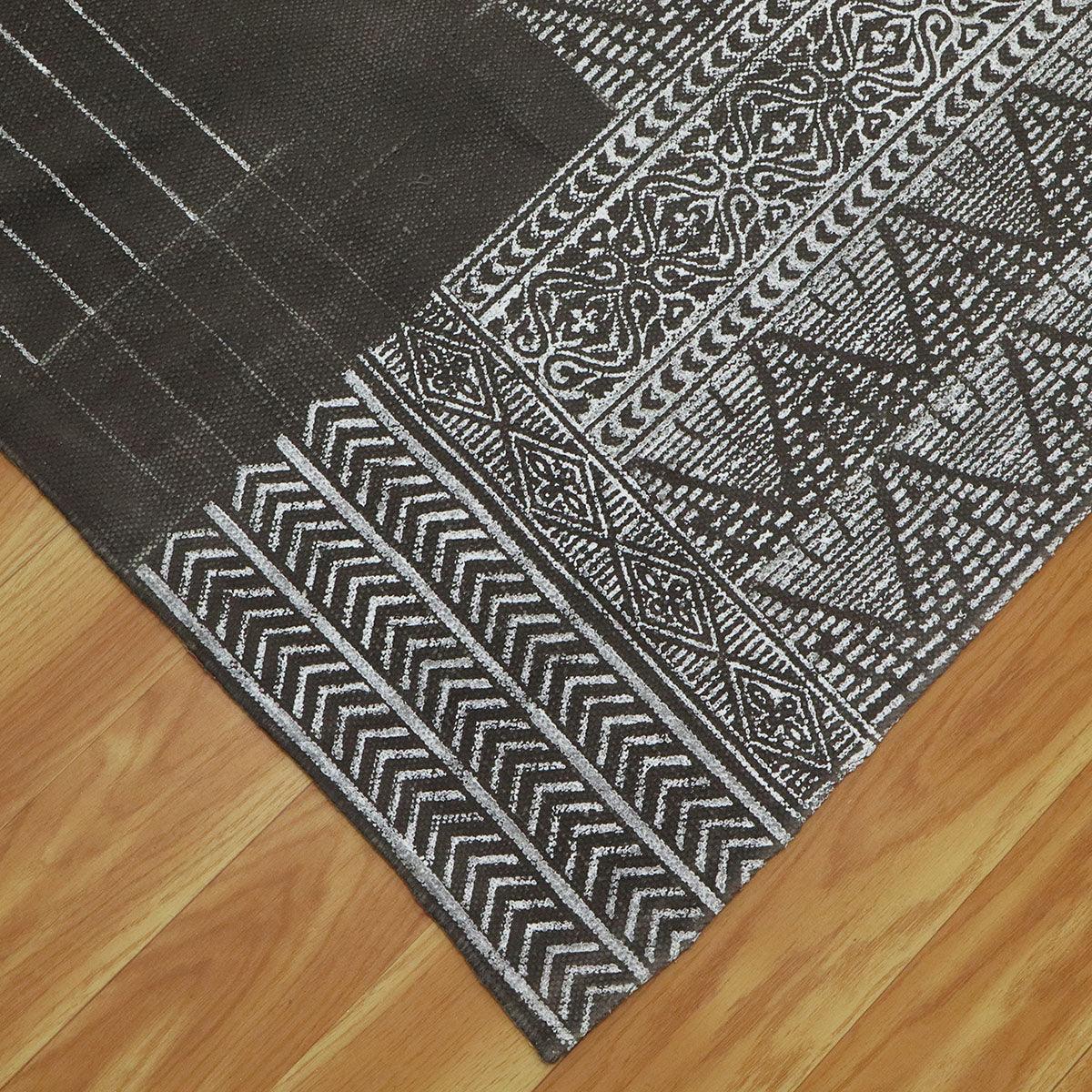 Hand Block Print Work Geometric Gray Black Cotton Rug - Indian Rug Store