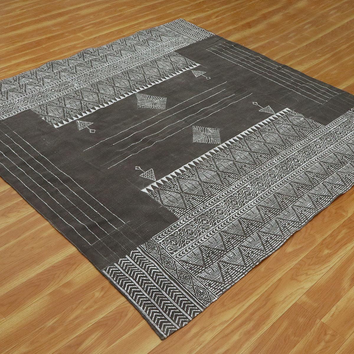 Hand Block Print Work Geometric Gray Black Cotton Rug - Indian Rug Store