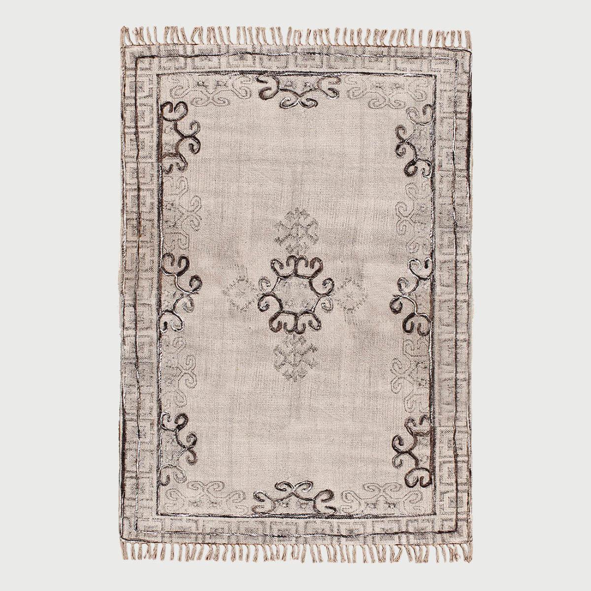 Thread Work Floral Black Gray Farmhouse Cotton Rug - Indian Rug Store