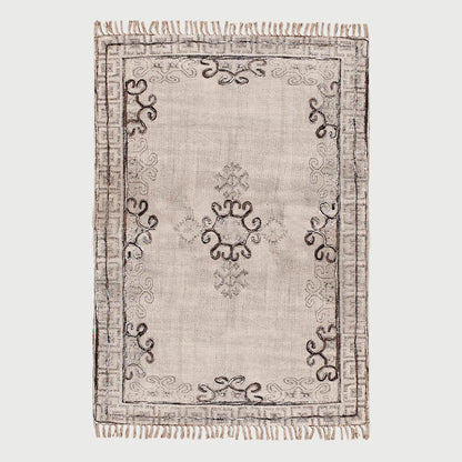 Thread Work Floral Black Gray Farmhouse Cotton Rug - Indian Rug Store