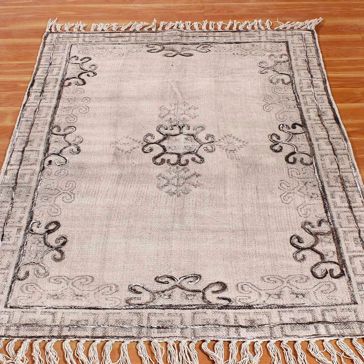 Thread Work Floral Black Gray Farmhouse Cotton Rug - Indian Rug Store