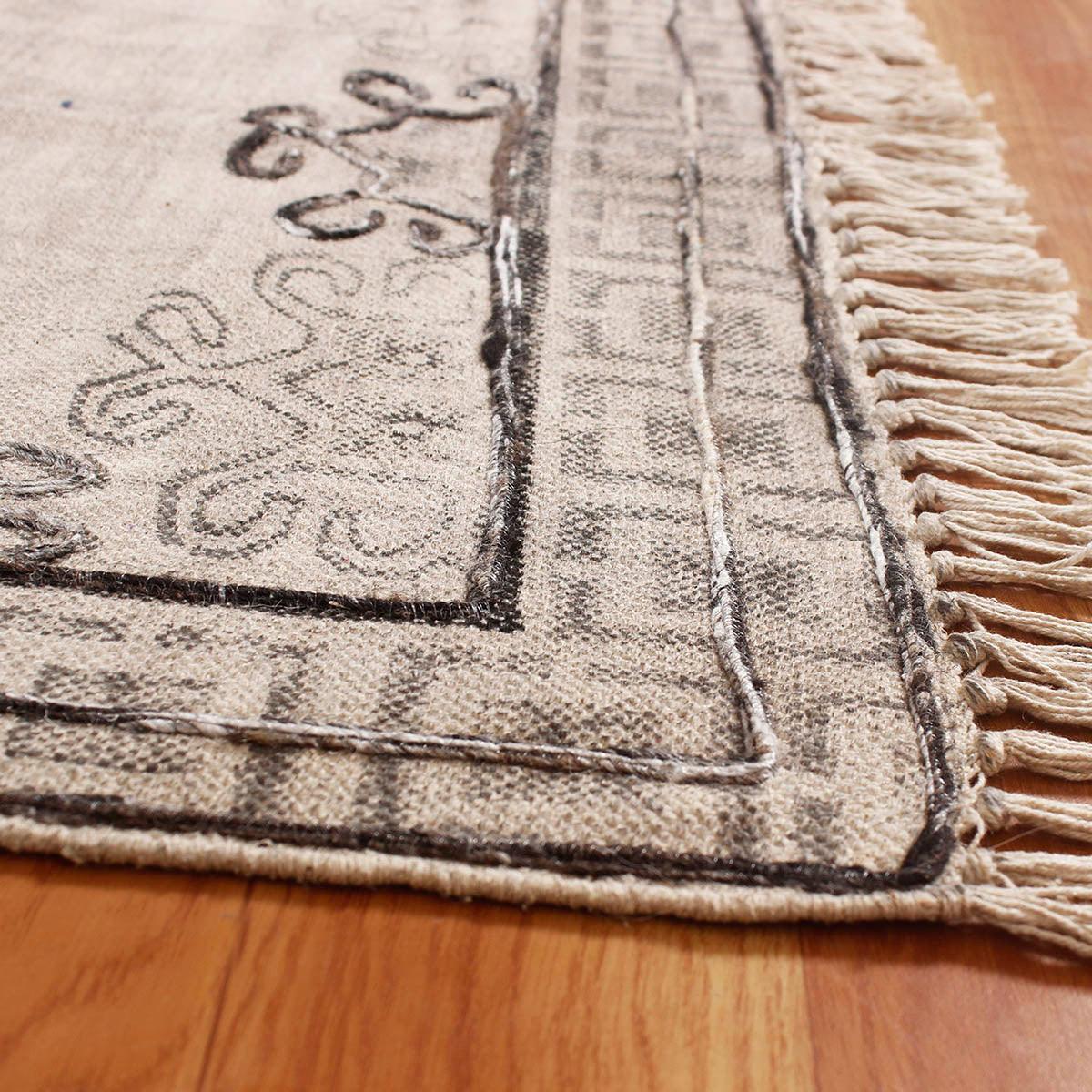 Thread Work Floral Black Gray Farmhouse Cotton Rug - Indian Rug Store