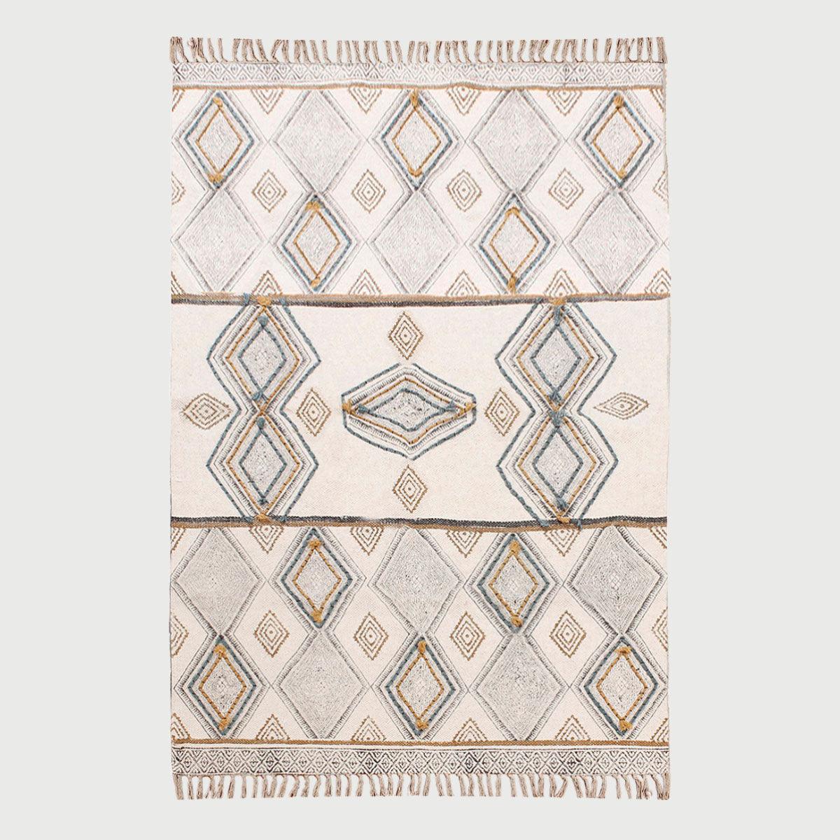 Thread Work Geometric Beige Gray Farmhouse Cotton Rug - Indian Rug Store