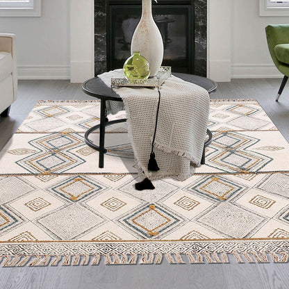 Thread Work Geometric Beige Gray Farmhouse Cotton Rug - Indian Rug Store