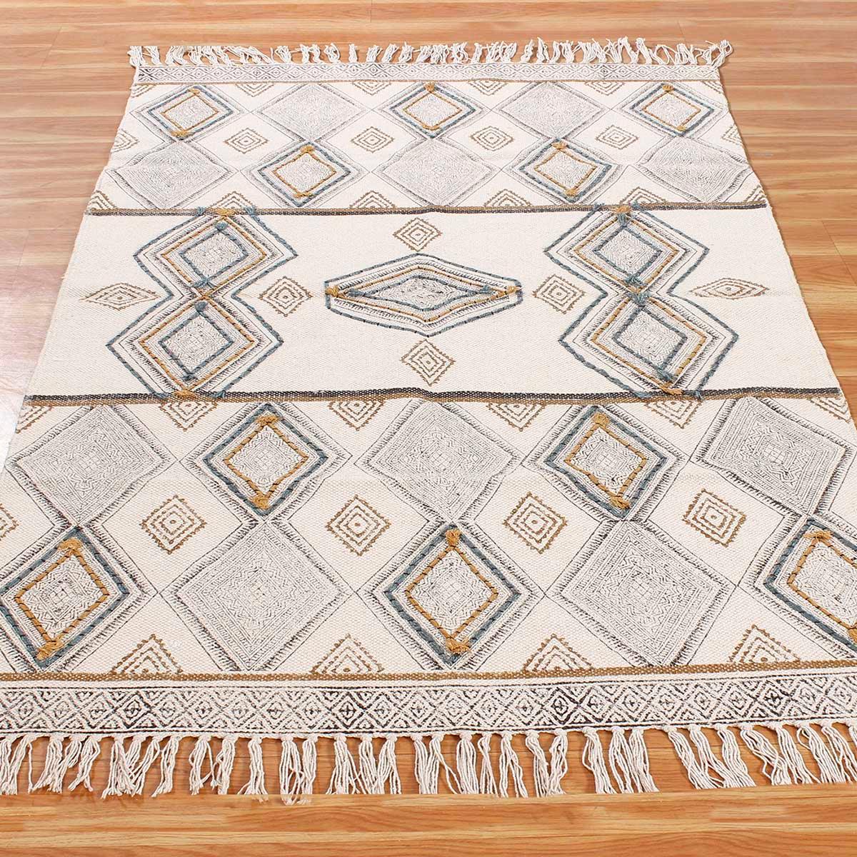 Thread Work Geometric Beige Gray Farmhouse Cotton Rug - Indian Rug Store