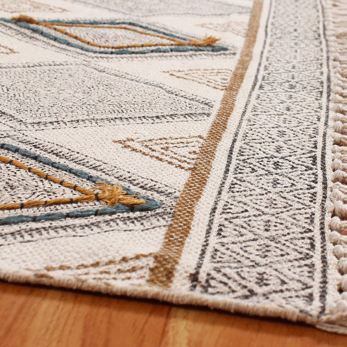 Thread Work Geometric Beige Gray Farmhouse Cotton Rug - Indian Rug Store