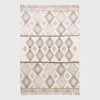 Thread Work Geometric Grey Beige Interior Cotton Dhurries - Indian Rug Store