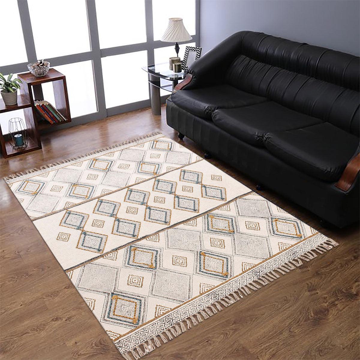 Thread Work Geometric Grey Beige Interior Cotton Dhurries - Indian Rug Store