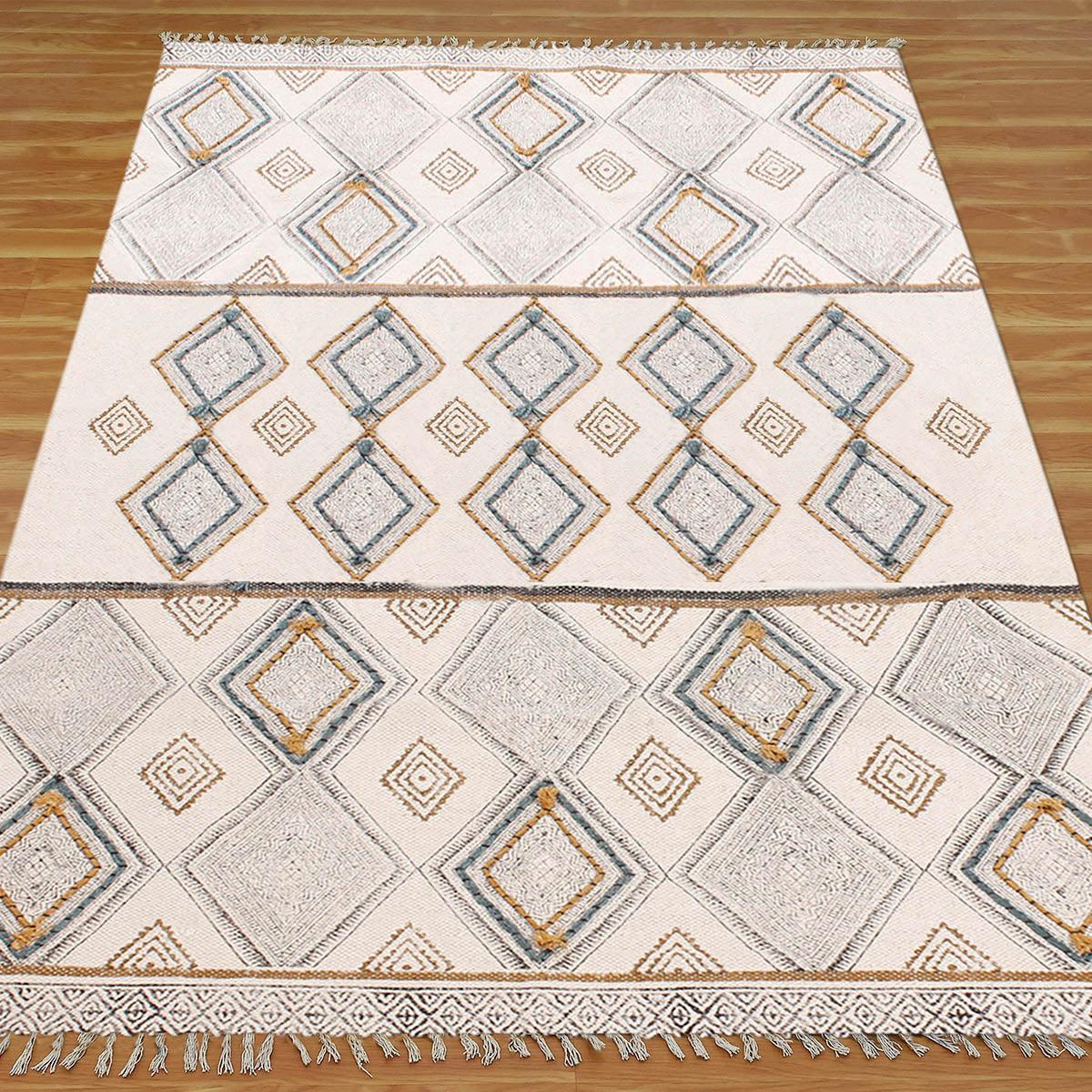 Thread Work Geometric Grey Beige Interior Cotton Dhurries - Indian Rug Store