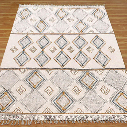 Thread Work Geometric Grey Beige Interior Cotton Dhurries - Indian Rug Store