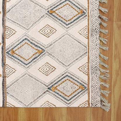 Thread Work Geometric Grey Beige Interior Cotton Dhurries - Indian Rug Store