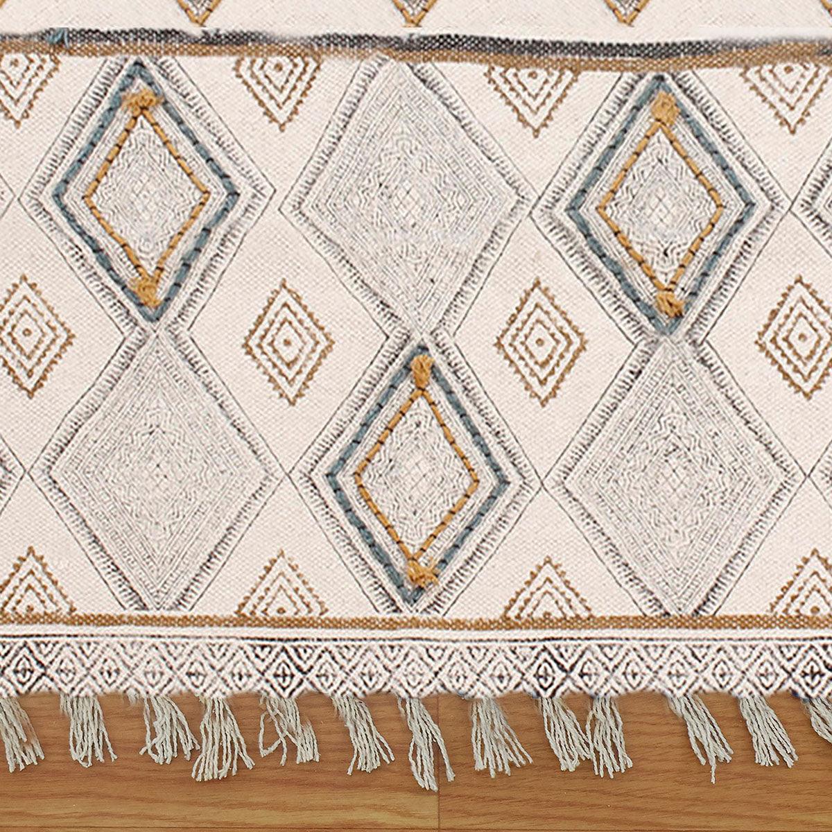 Thread Work Geometric Grey Beige Interior Cotton Dhurries - Indian Rug Store