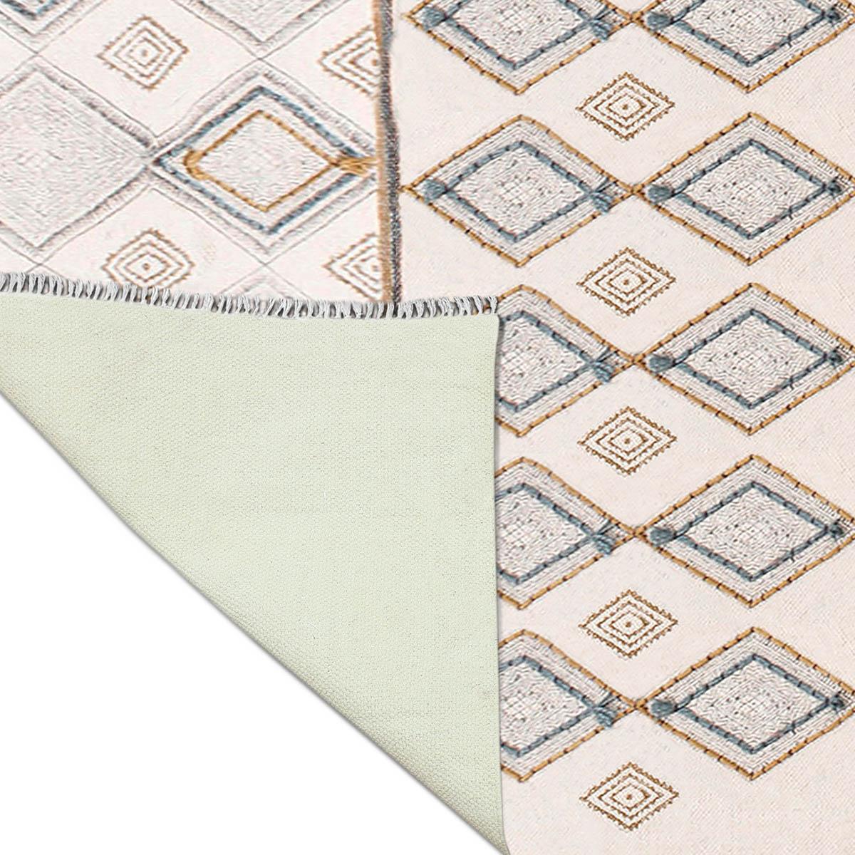 Thread Work Geometric Grey Beige Interior Cotton Dhurries - Indian Rug Store