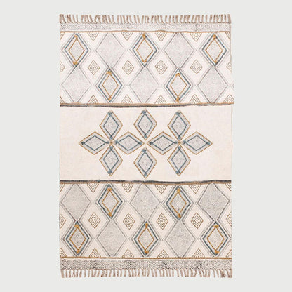 Thread Work Geometric Grey Beige Outdoor Cotton Dhurries - Indian Rug Store