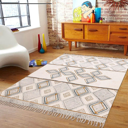 Thread Work Geometric Grey Beige Outdoor Cotton Dhurries - Indian Rug Store