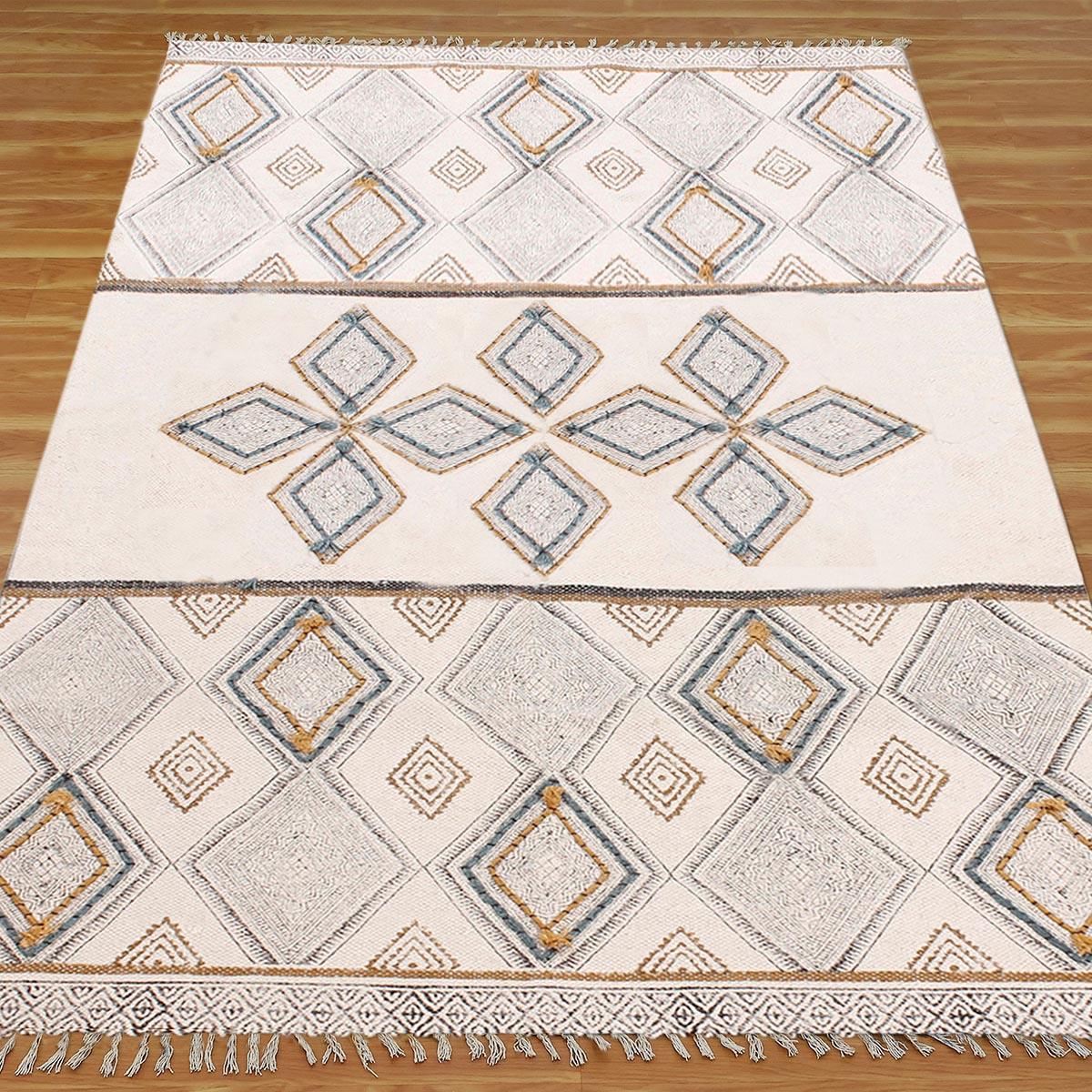 Thread Work Geometric Grey Beige Outdoor Cotton Dhurries - Indian Rug Store