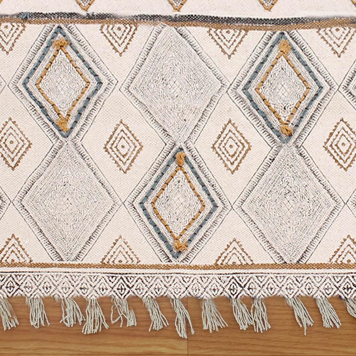 Thread Work Geometric Grey Beige Outdoor Cotton Dhurries - Indian Rug Store