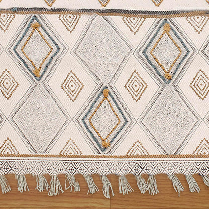 Thread Work Geometric Grey Beige Outdoor Cotton Dhurries - Indian Rug Store